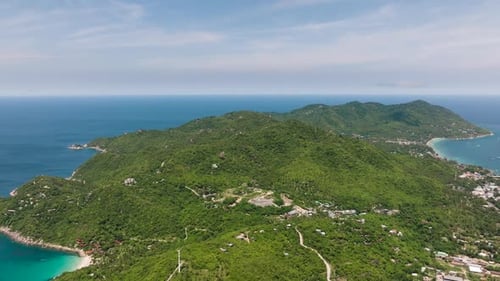 Scenic View of Green Mountains and Ocean Coastline Koh Tao Thailand