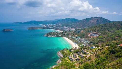 Aerial hyperlapse of the coast of Phuket island in Thailand. Flight over the beaches of Kata Noi, Ka
