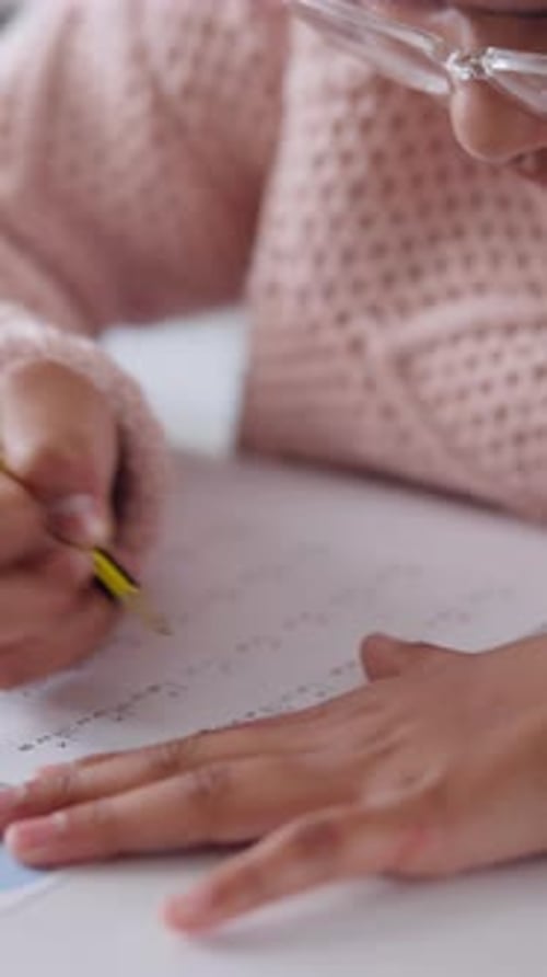 Child, learning or hands writing math answers or numbers for education, development or school