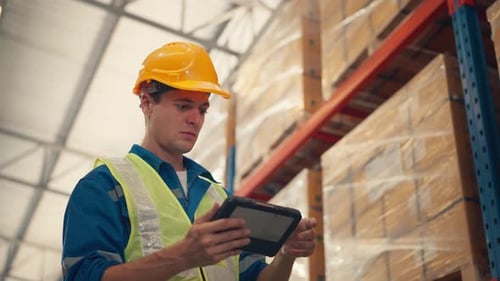 Man worker checks products stock inventory with digital tablet in the retail warehouse
