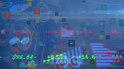 Animation of financial data processing over scopes scanning and digital icons
