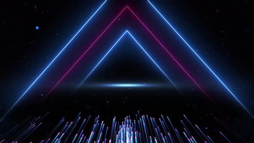 Abstract futuristic triangular tunnel. Flying particles and data light streaks. Background