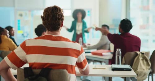 Back, education and throwing paper with teens in class for course, lecture or lesson distraction