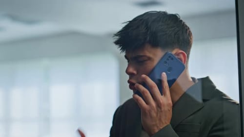 Mad Ceo Yelling Mobile Phone Emotionally Feeling Angry Inside Glass Hall Closeup