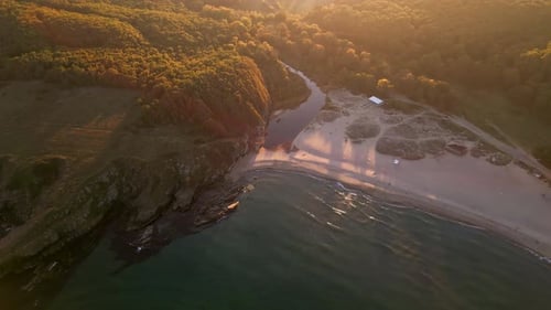 Aerial View of the Rocky Wild Coast of the Black Sea in Bulgaria with Cliffs Beaches and Green