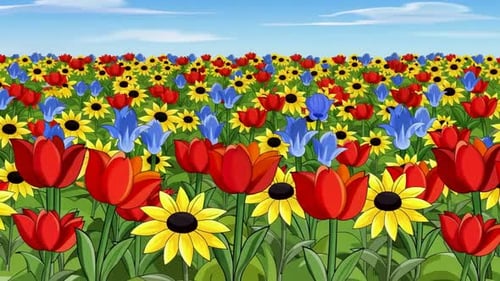 Lebendige, animierte Cartoon-Blumenfeld-Schleife mit roten Tulpen