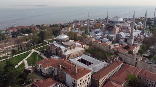 Drone shot of Hagia Irene and Hagia Sophia in Istanbul, Turkey - drone is circling around. Snippet c