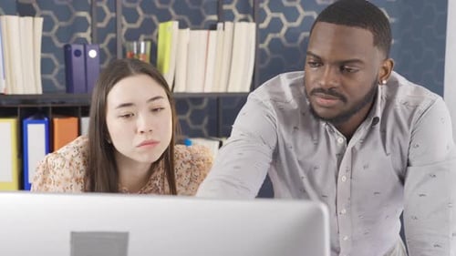 Multiethnic office workers working at computer.