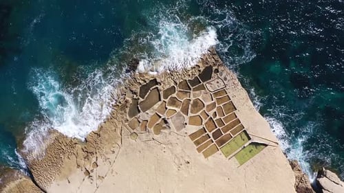 Aerial view of Salt Pans, Gozo Island, Malta.