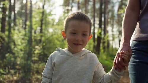 Child Holding Hands Walking in a Forest