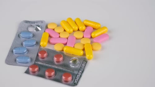 Colorful Medical Pills and Tablets on White Background
