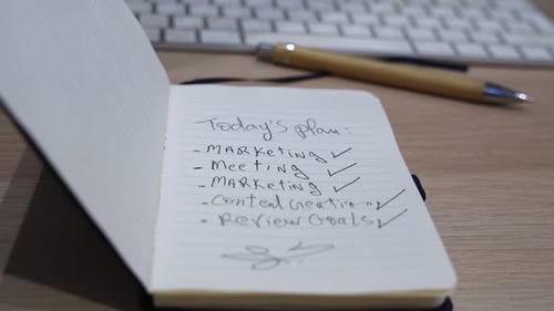 Handwritten To Do List Notebook on Desk with Keyboard and Pen