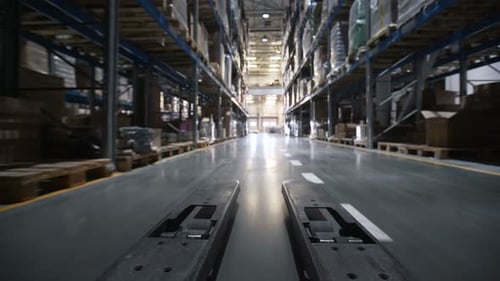 Car Trucks Move At Large Rows Between Shelf With Boxes, Products, Inventories And Containers In M...
