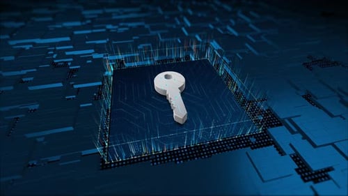 Logo de llave de seguridad azul 3D y partículas con placa de circuito y concepto de fondo abstracto en 3D