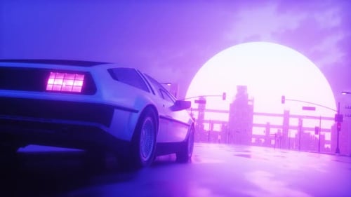 Car Riding On Endless Road With Cityscape View At Night Synth Wave Background