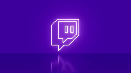 Twitch-Logo in Neon auf lila Hintergrund. 4K-Video.