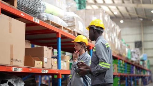 Warehouse Industrial and Logistics Companies. Dispatcher in uniform making inventory in storehouse.