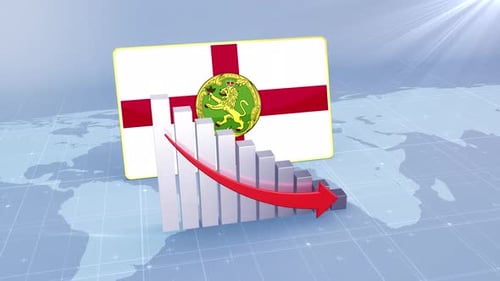 Alderney Flag With Decrease Bar Chart Graph And Arrow Red