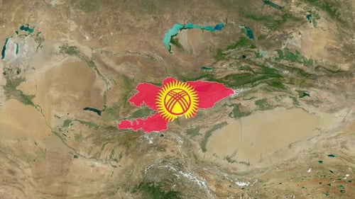 World Map Zoom to Kyrgyzstan with Flag Animation