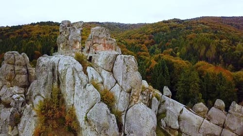 Drohnenaufnahme aus der Luft, große Felsen im Herbstwald, Baumkronen, Pinien, Schönheit der Natur. Filmmaterial.