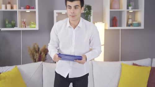 Rehearse. Young announcer, reporter, speaker, actor are rehearsing at home.