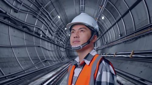 Nahaufnahme eines asiatischen männlichen Ingenieurs, der sich im U-Bahn-Tunnel umschaut
