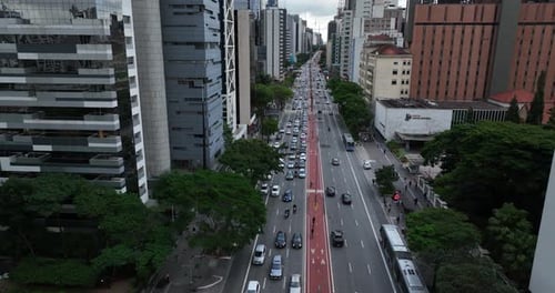 Vista aérea da Avenida Paulista e dos arranha-céus, Brasil.