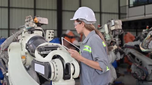 Maintenance Engineer Worker Working with Robotic Machine at Factory
