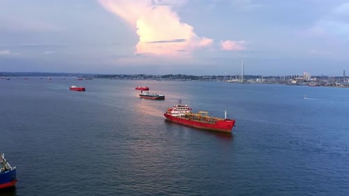 Tanker Ships Sailing Near Seaport Of Balikpapan City In East Kalimantan, Indonesia. Aerial Drone Sho