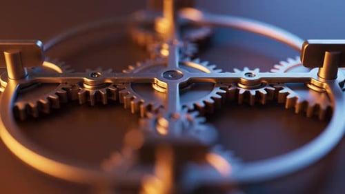 Looping animation of a mechanical structure made of metal gears.