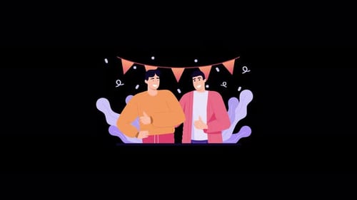 Flat Design Animation of Two Friends Celebrating with Confetti