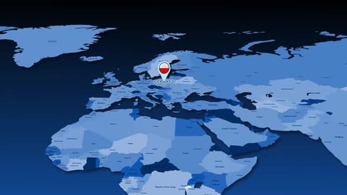 Animated World Map Zooming to Poland Location Pin