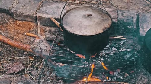 Cooking Food in a Pot on a Campfire in Nature