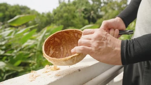 Hand Holding Empty Coconut Shell with Visible Brown Fibrous Texture on Balcony Against Green Outdoor