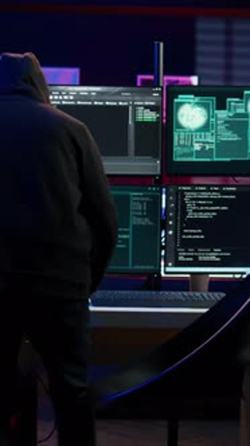 Vertical Video Hacker Arriving in Secret Base with Laptop Ready to Start Programming Viruses