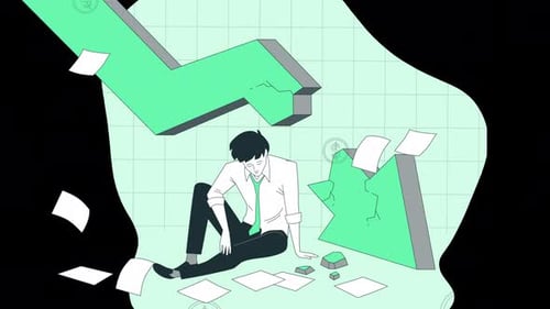 Mann in der Wirtschaftskrise, Pfeil nach unten gespalten, Mann ohne Geld 4K-Animation auf dem Alpha-Kanal