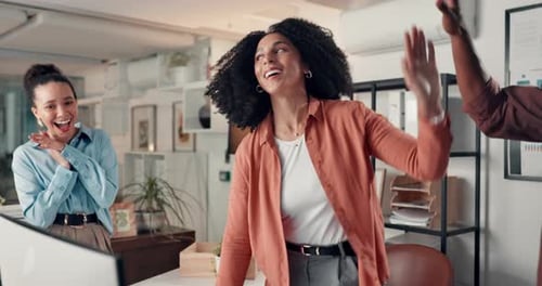 Happy people, team and high five with computer for good news, winning or success in office