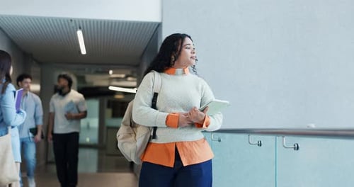 Walking, college and woman in hallway thinking for learning, education and knowledge