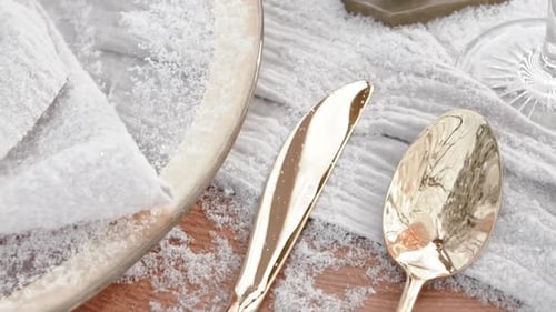 Golden cutlery arranged on wedding table with winter theme decoration, close up