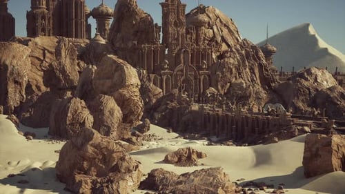 Eroded Stone Fortress Surrounded By Sweeping Sands and Rocks