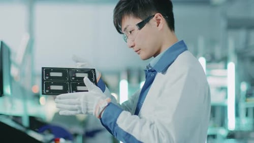 High-Tech-Fabrik: Der Ingenieur für Qualitätskontrolle überprüft die Elektronisch Leiterplatte auf Beschädigungen.
