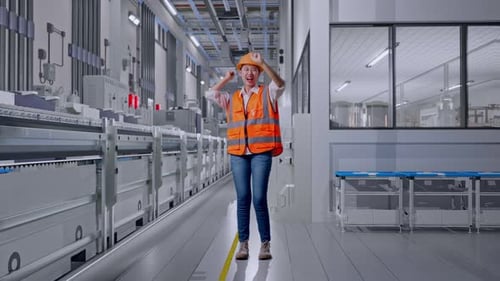Full Body Of Asian Female Engineer Screaming Goal And Dancing Celebrating At Medical Factory