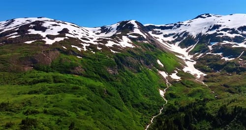 Breathtaking Aerial View of Snow-Capped Mountains and Green Valley