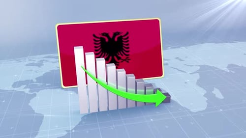 Albania Flag With Decrease Bar Chart Graph And Arrow Green