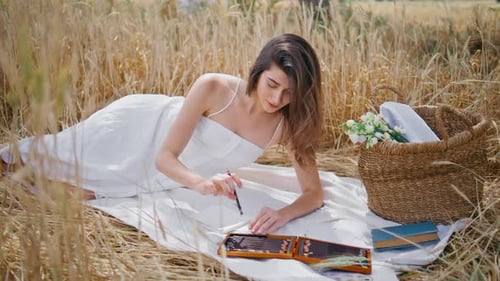 Inspired Woman Drawing Nature Laying at Spikelets Field Lady Relaxing Blanket