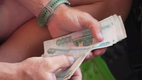 Money Rubles Counting Man's Hands Counting Russian 1000 Ruble Banknotes
