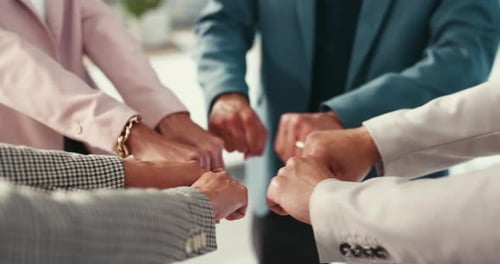 Collaboration, fist bump and employees with unity, office and solidarity for company