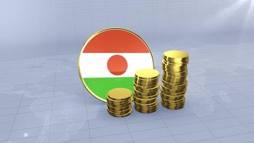 Niger Flag and Stacking Gold Coins Representing Economic Growth