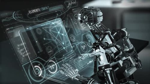 Roboter arbeitet am Laptop mit holografischen Daten, die futuristische Technologie anzeigen