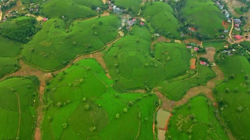 Aerial view of lush green hills and village, Vietnam.